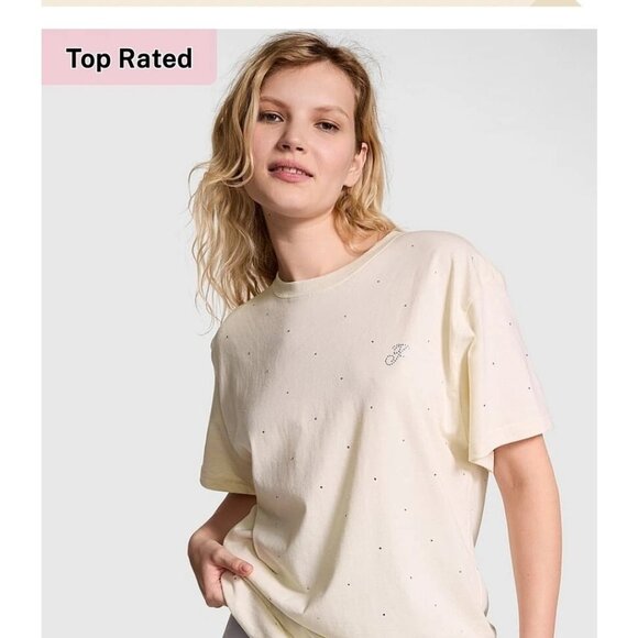 Victoria's Secret PINK Campus Cotton Bling T-Shirt 2024 Cream XXL - Picture 5 of 8